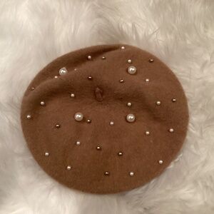 Women Wool Blend Pearl Beret, Color Camel